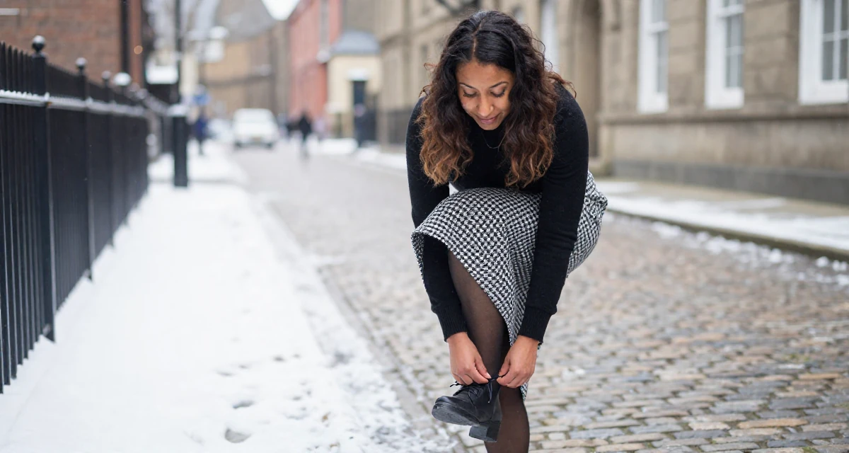 A sympathetic Female From the United Kingdom, based in Manchester, graduated from a city university majoring in marketing strategy in their 23, gaining confidence through playful outfit themes, wearing a houndstooth pattern skirt and black top, tying a shoelace in a snowy sidewalk.