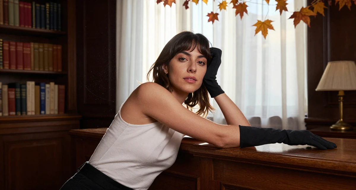 A quietly confident Female From Spain, based in Barcelona, graduated from a fashion institute majoring in body styling in their 23, shifting from impulsiveness to intentional planning, wearing a minimalist Scandinavian style, putting on a glove in a waiting room.