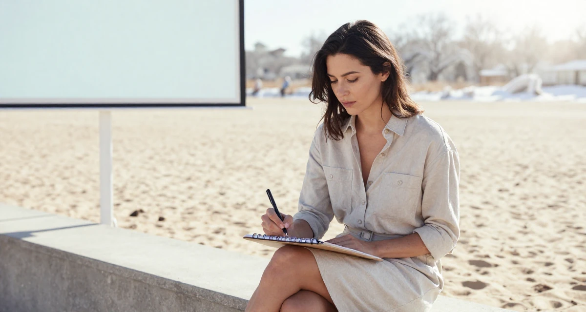 A cool and collected Female Once a logistics temp worker, now enjoying flexible creator life in their 48, preparing for long-term financial planning, wearing a button-up shirt dress with the top buttons undone, sketching on a pad in a beach promenade.