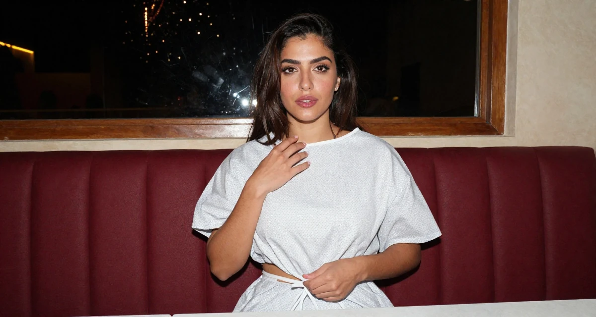 A alluring Female From Morocco, based in Casablanca, graduated from a cultural college majoring in expressive movement studies in their 46, creating a sanctuary at home for relaxation, wearing a hospital patient gown tailored to be form-fitting, tying a shoelace in a restaurant booth.