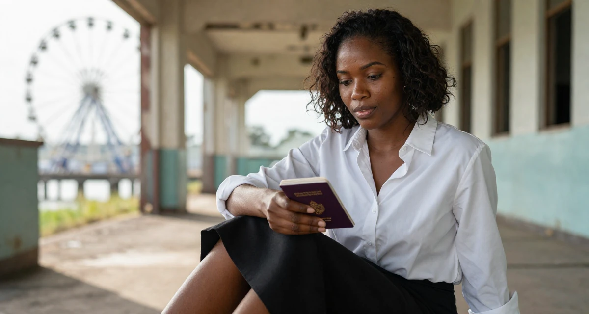A empowered Female From Rwanda, majored in social innovation in their 33, exploring luxury travel and fine living, wearing a asymmetrical hem skirt and a crisp white shirt, holding a passport in a abandoned hospital.