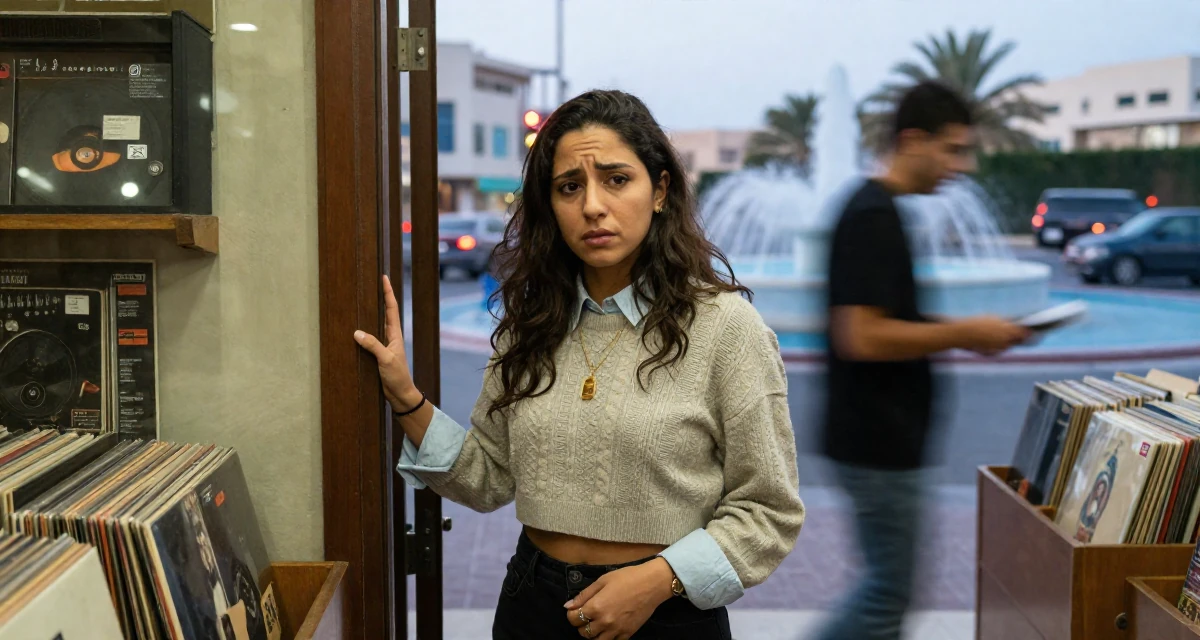 A troubled Female From Abu Dhabi UAE, learned studio production and lighting design in their 20, experimenting with new social circles and hobbies, wearing a cropped sweater over a collared shirt, pushing a door open in a vintage record store.