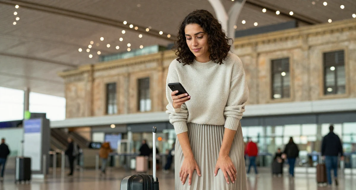 A gentle Female Grew up in Spain, studied international business in their 22, learning to advocate for personal boundaries, wearing a soft cashmere sweater and a pleated midi skirt, checking a phone in a airport terminal.