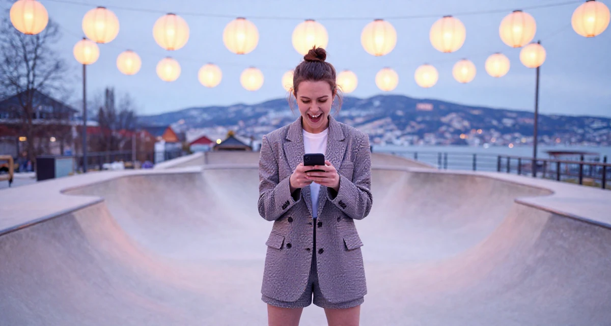 A ecstatic Female From Bergen Norway, studied business economics in their 20, stressing over finals and future uncertainty, wearing a structured blazer with shorts, texting with both thumbs in a skate park.