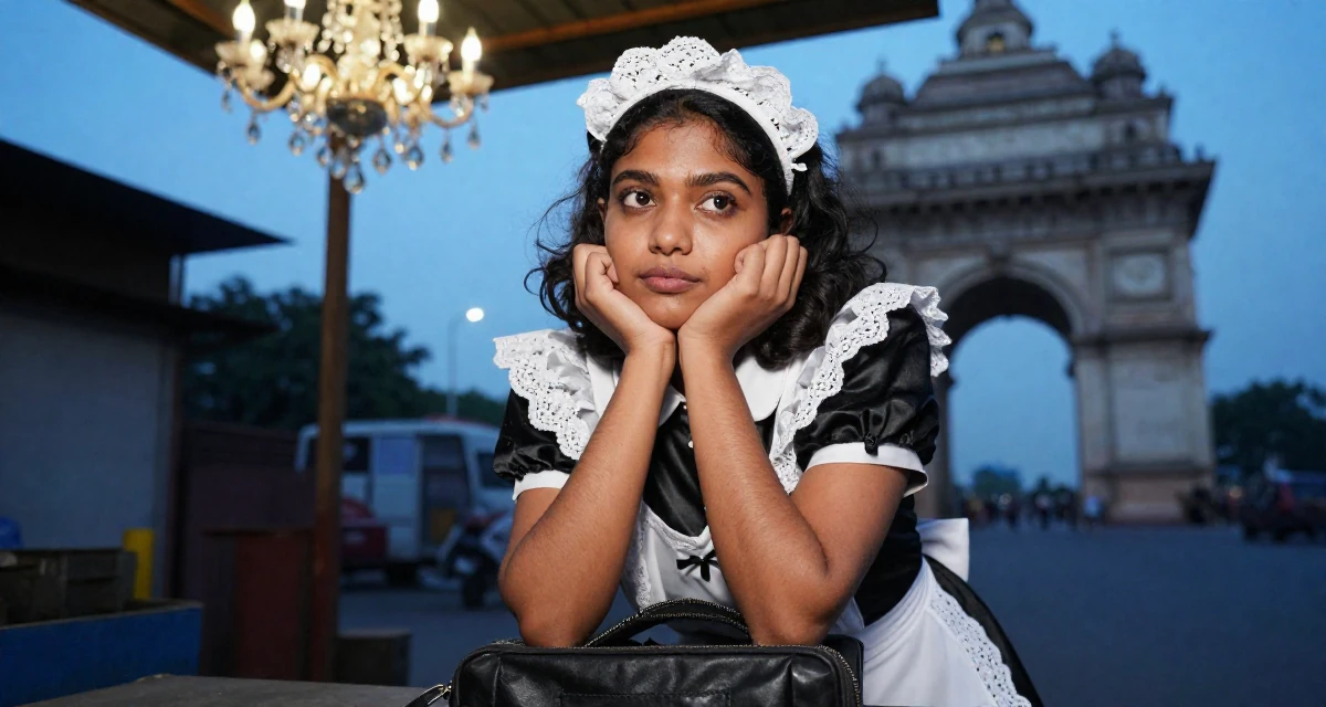 A timid Female From Mumbai India, studied film production in their 37, trying to stabilize income, wearing a french maid costume with black silk and white lace, zipping up a bag in a mechanic garage.