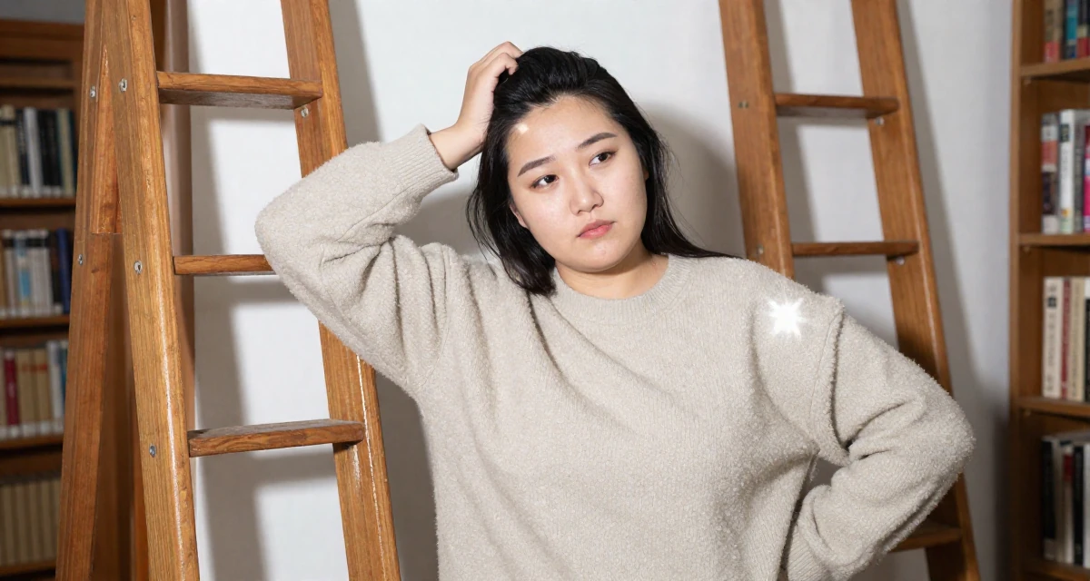 A aloof Female From Mongolia, based in Ulaanbaatar, graduated from a national university majoring in media studies in their 33, documenting a weight loss and health journey, wearing a cozy fleece pullover, scratching a head lightly in a old library with wooden ladders.