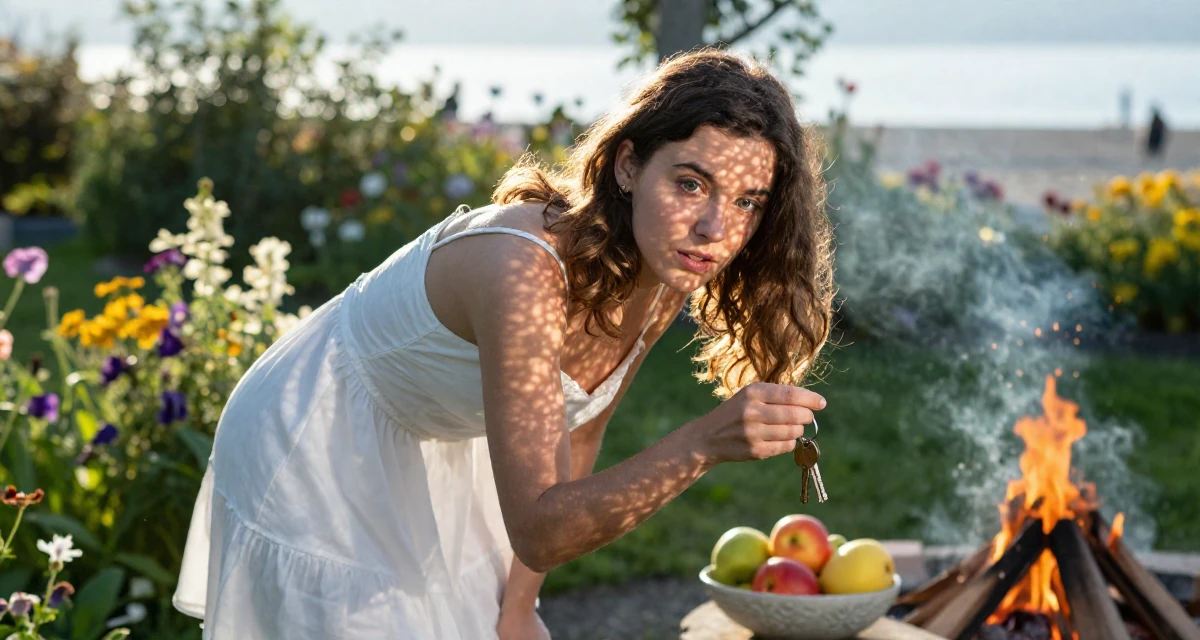 A curious and focused Female From Switzerland, based in Geneva, graduated from a local university majoring in communication management in their 25, preparing for larger adult responsibilities, wearing a semi-sheer white sundress backlit by the sun, holding a set of keys in a blooming flower garden.