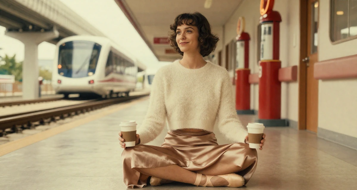 A aloof but intriguing male Once a ballet dropout, now redefining movement through intimate expression in their 25, smiling gently with a secret inner peace, wearing a satin midi skirt and a fuzzy cropped sweater, holding a cup of coffee in a hospital corridor.