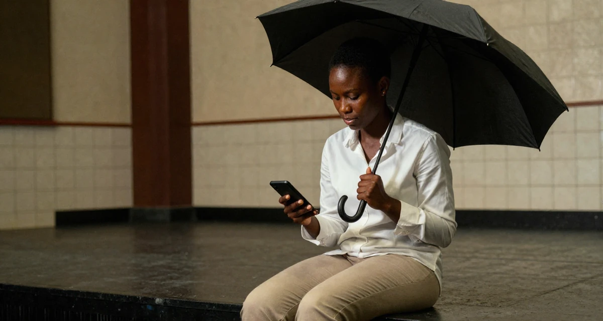 A patient Female From Ghana, majored in banking and finance in their 30, weighing long-term health against constant digital hustle, wearing a crisp white shirt and chinos, holding an umbrella in a theater stage.