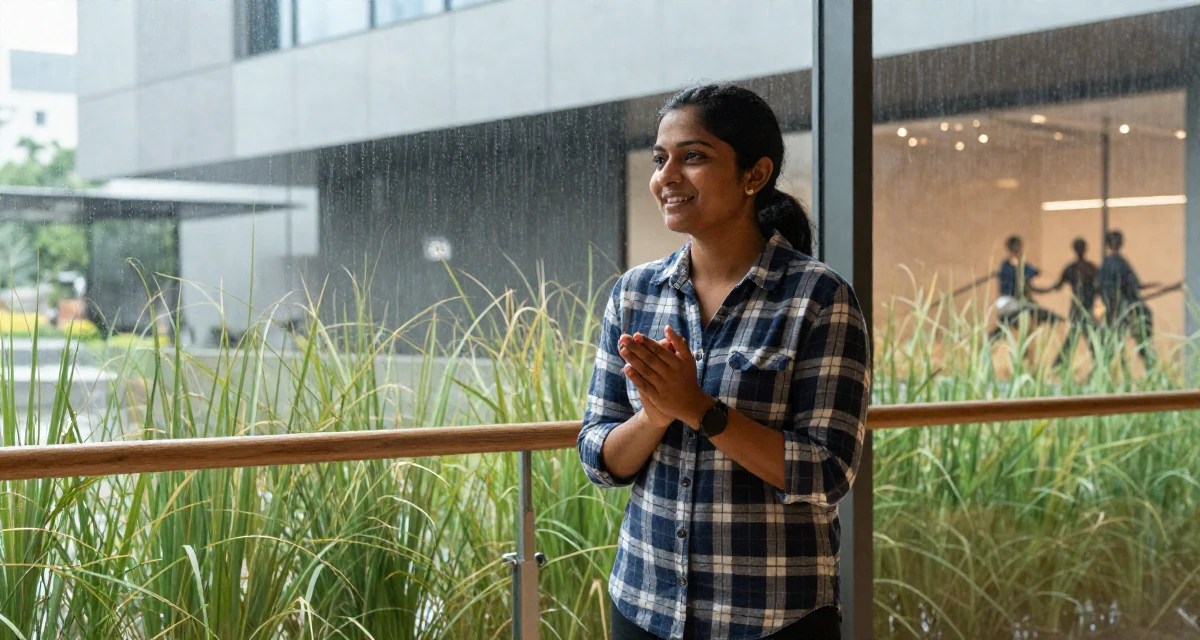 A bright and optimistic Female From India, studied biotechnology in their 48, sharing stories of overcoming career setbacks, wearing a casual plaid button-down, clasping hands together in a ballet studio.