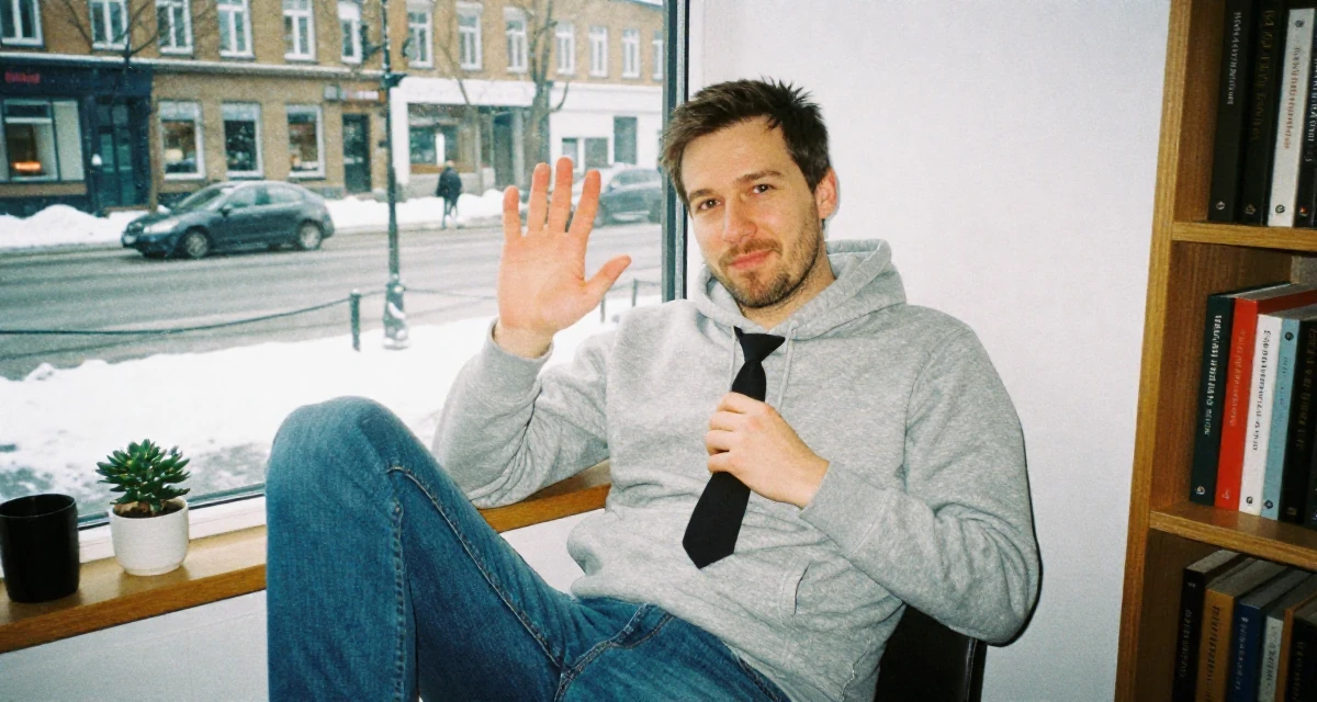 A lazy male From Denmark, majored in data analytics in their 25, gaining confidence in professional expertise, wearing a classic grey hoodie and jeans, gripping a lapel in a cozy reading nook by a window.