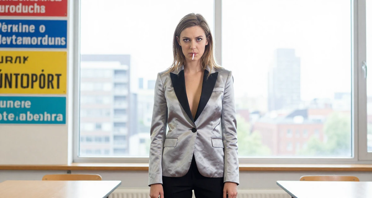 A sarcastic Female From the Netherlands, based in Rotterdam, graduated from a media academy majoring in contemporary sensual design in their 20, capturing every moment for the aesthetic, wearing a satin lapel blazer and tuxedo pants, biting a lip thoughtfully in a classroom setting.