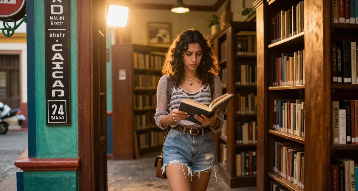 A troubled Female From Mexico, majored in advertising and PR in their 24, building a flirty persona fans instantly recognize, wearing a modern grunge aesthetic, opening a book in a quiet library corner.