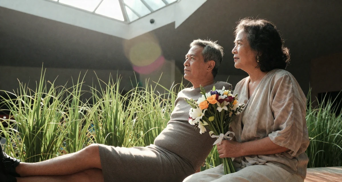 A focused male From the Philippines, majored in creative writing in their 40, supporting aging parents, wearing a tight pencil skirt and a loose chiffon top, holding a bouquet in a concert hall.