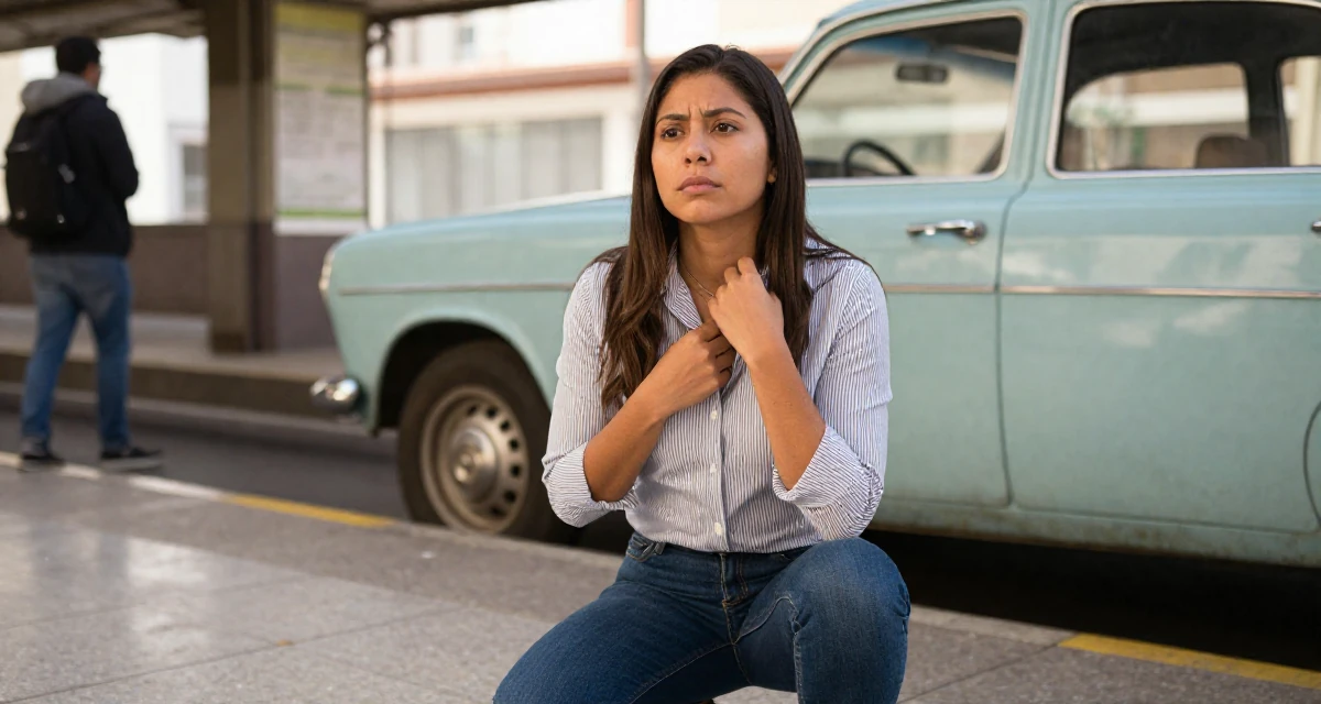 A yearning Female From Peru, studied hospitality and tourism management in their 42, sharing the reality of executive burnout, wearing a classic striped shirt and jeans, touching a necklace in a subway station.