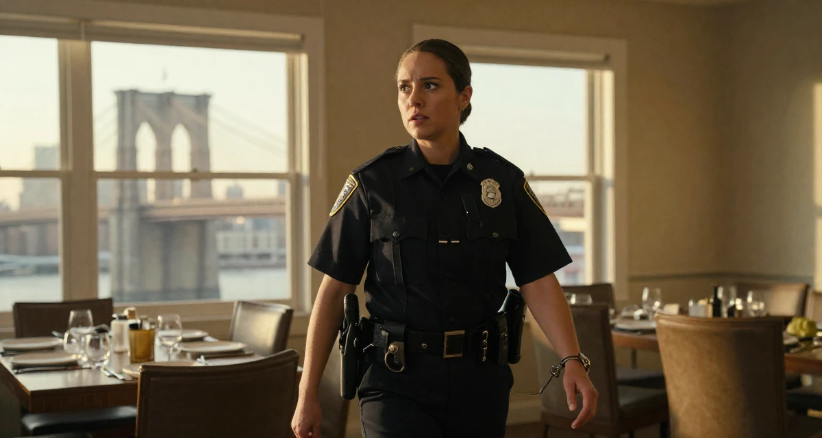 A subtly surprised Female Previous dental assistant, now exploring body-empowerment narratives in their 24, hiding stress behind carefully curated posts, wearing a police officer uniform with a badge and handcuffs, glancing over the shoulder in a dining room.