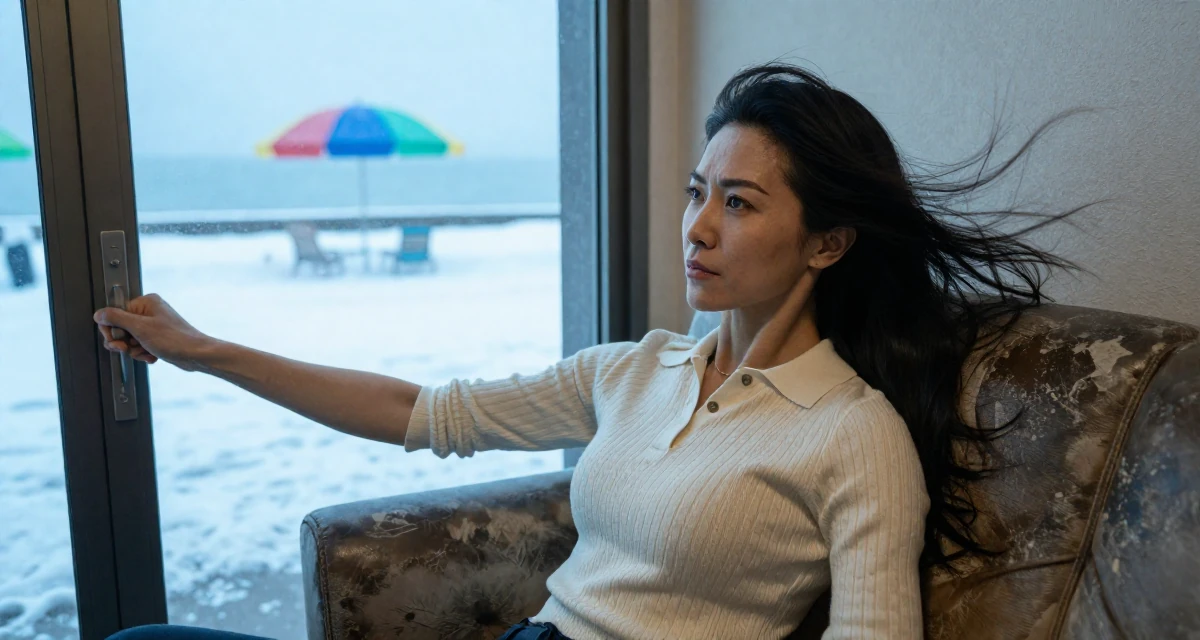 A proud Female From Sapporo Japan, trained in fitness and body sculpting in their 22, dealing with inconsistent income month to month, wearing a smart knit polo, pulling a door open in a snowy sidewalk.