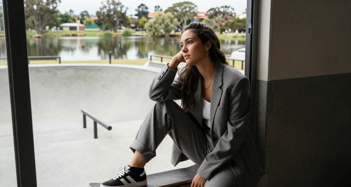 A wistful Female From Australia, majored in e-commerce in their 26, feeling the shift from junior to mid-level expectations, wearing a relaxed fit suit separate, taking a deep breath in a skate park.