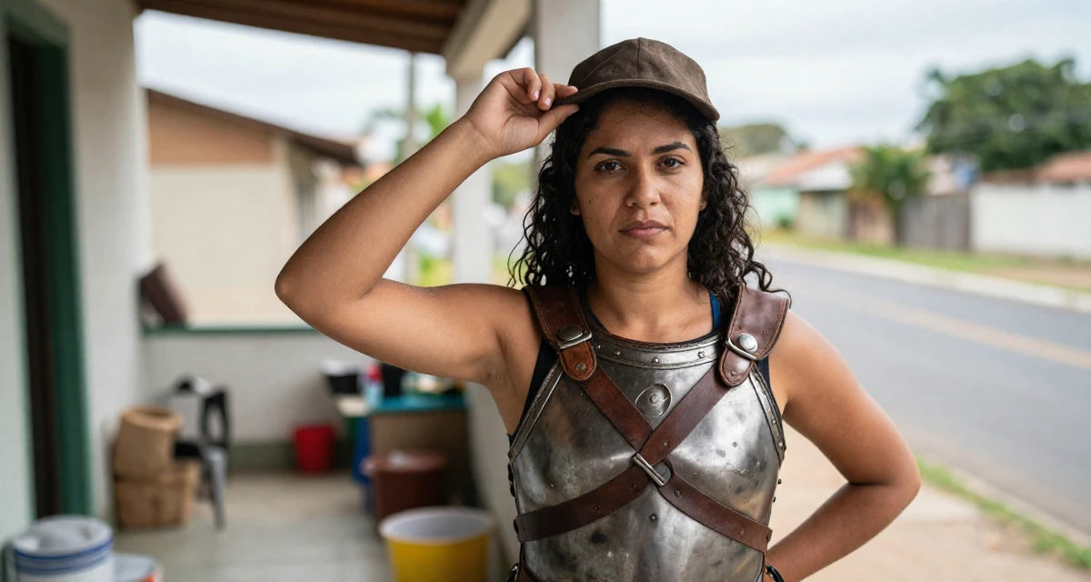 A unbothered Female From Brazil, studied architecture and urban planning in their 26, feeling the shift from junior to mid-level expectations, wearing a gladiator armor with leather straps and a metal breastplate, tipping a hat in a front porch.