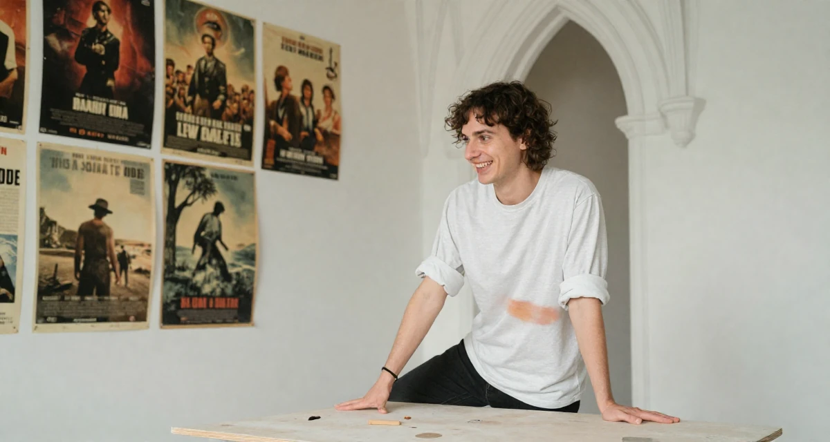 A cheerful male Former stay-in nanny, now building her own self-expression platform in their 45, documenting the renovation of a vacation home, wearing a minimalist everyday clothing, rolling up sleeves in a gothic cathedral interior.