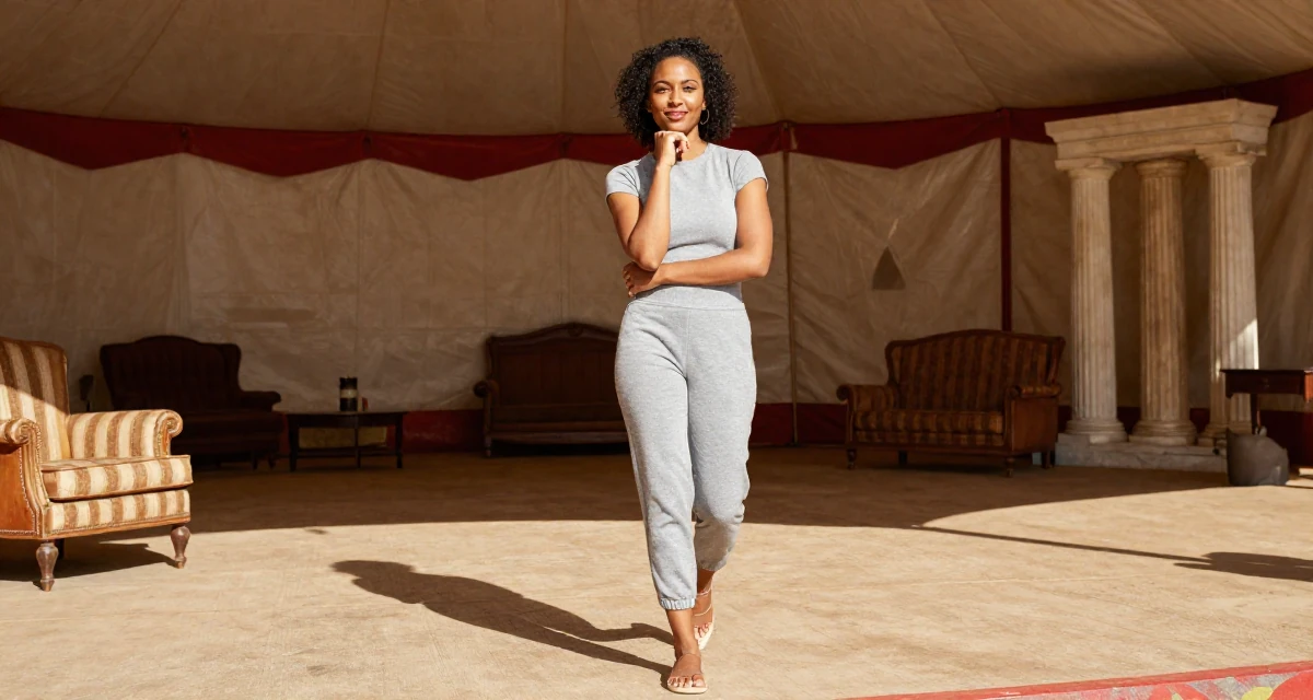 A pleased Female From South Africa, studied journalism in their 29, preparing for the transition into the 30s, wearing a grey tones casual wear, resting a chin on a hand in a circus tent interior.