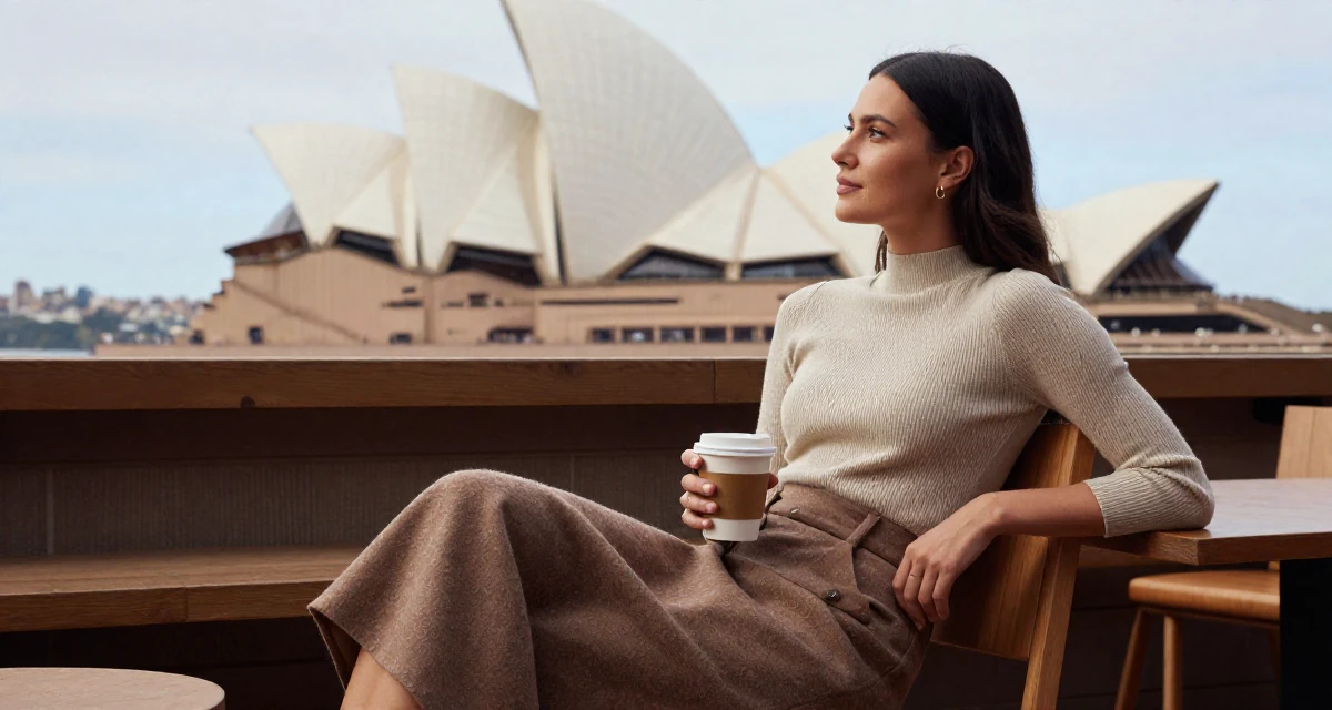 A relaxed and observant Female Once a warehouse picker, now building a creator brand from scratch in their 25, exploring lifestyle options and boundaries, wearing a ribbed mock neck top and a long wool skirt, holding a cup of coffee in a industrial loft.