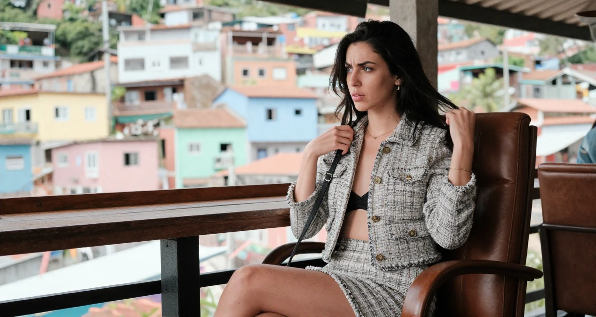 A puzzled Female Once a swim camp counselor, now leaning into beach-centered creator storytelling in their 20, radiating fresh-faced youthful energy, wearing a tweed mini skirt and a matching jacket, adjusting a shoulder strap in a cozy café.