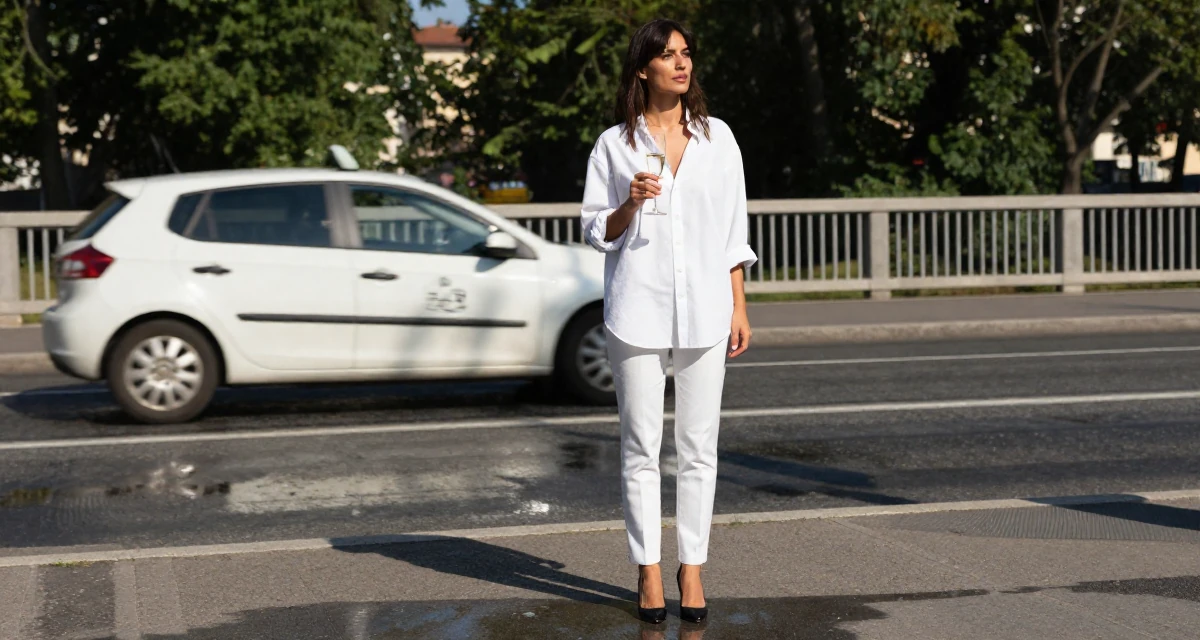 A curious and focused Female From Italy, based in Milan, graduated from a design school majoring in sensual visual communication in their 42, interior designer with a classic aesthetic, wearing a oversized white shirt with sleeves rolled up and slim trousers, holding a champagne glass in a bridge walkway.