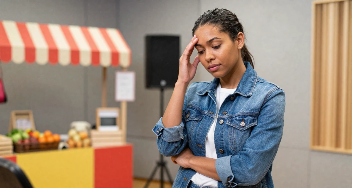A relaxed and carefree Female Former software engineer at 25, now crafting premium lifestyle content in their 23, making decisions that will shape future lifestyle, wearing a classic denim jacket and white tee, resting a hand on the forehead in a recording booth.