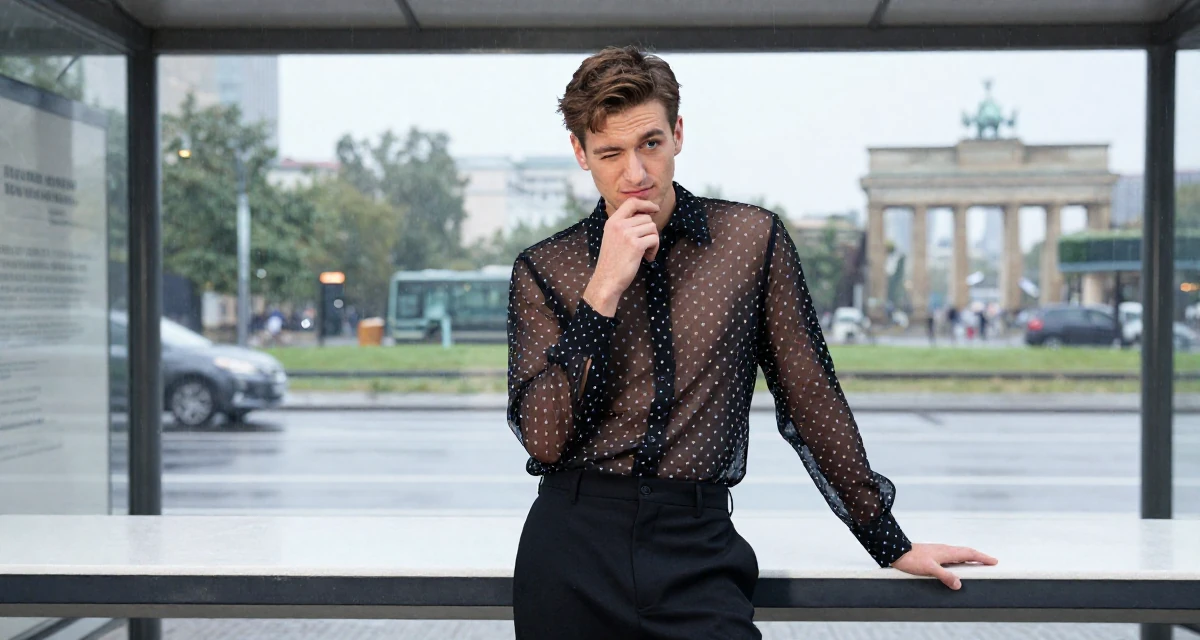 A thoughtful male From Berlin Germany, holds a degree in media engineering in their 22, adjusting to the exhaustion of a 9-to-5 routine, wearing a sheer polka dot blouse and black trousers, winking playfully in a bus stop in the rain.