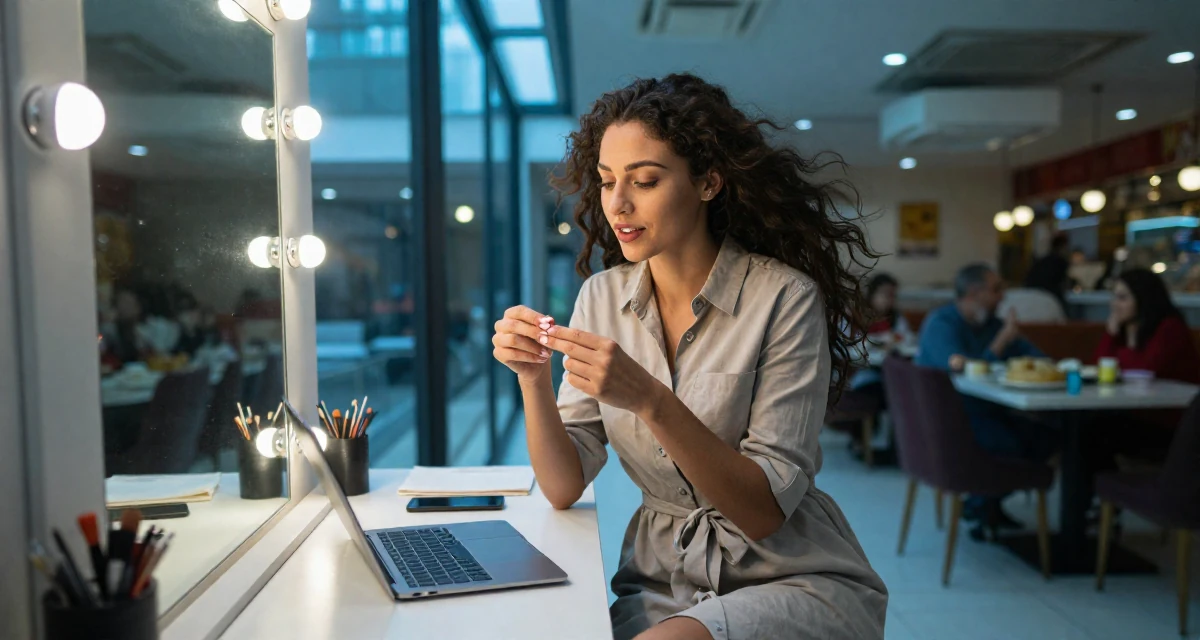 A inspired Female Raised in Kenya, studied digital entrepreneurship in their 22, sacrificing weekends for content planning, wearing a belted shirt dress with rolled sleeves, inspecting fingernails in a vanity mirror.