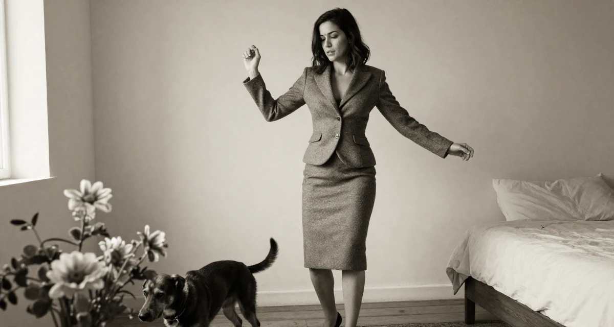 A vulnerable Female From São Paulo Brazil, studied digital entertainment in their 41, rediscovering personal style after forty, wearing a grey wool skirt suit with a fitted jacket, walking a dog (leash visible) in a minimalist bedroom.