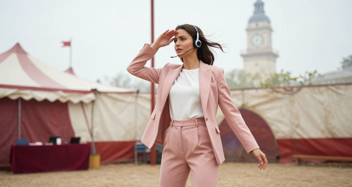 A puzzled Female Once a call-center agent, now a confident camera-ready creator in their 29, navigating the fear of stagnation in a saturated market, wearing a tailored pantsuit in pastel pink with a white top, shielding face from the wind in a circus tent interior.