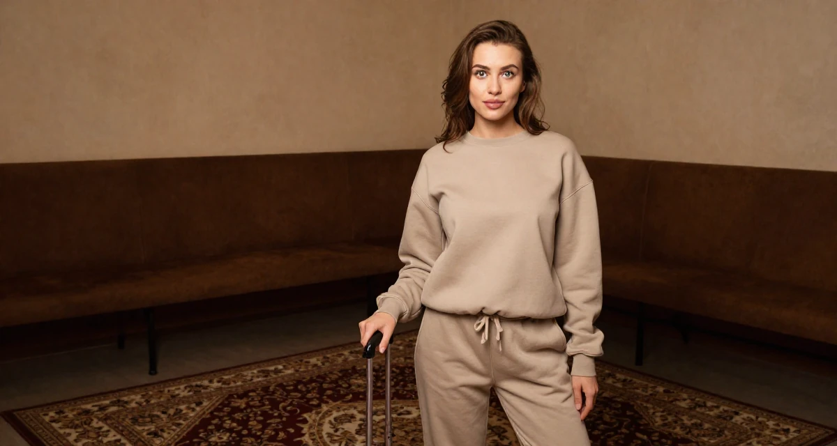 A playful Female From Russia, studied computer science at a technical university in their 25, managing early financial independence, wearing a relaxed jogger and sweatshirt combo, polling a luggage handle in a waiting room.