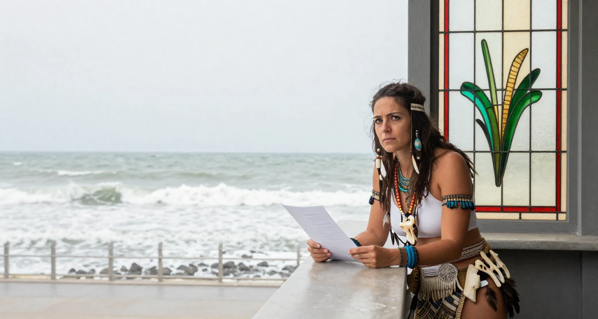A unimpressed Female From Belgium, studied film production in their 43, passionate about organic gardening and cooking, wearing a tribal shaman outfit with feathers and bones, holding a piece of paper in a bridge walkway.