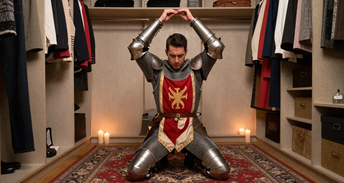 A resolute male From Los Angeles USA, majored in performing arts in their 24, hiding stress behind carefully curated posts, wearing a female knight armor with a tabard and chainmail, buttoning a jacket in a walk-in closet.