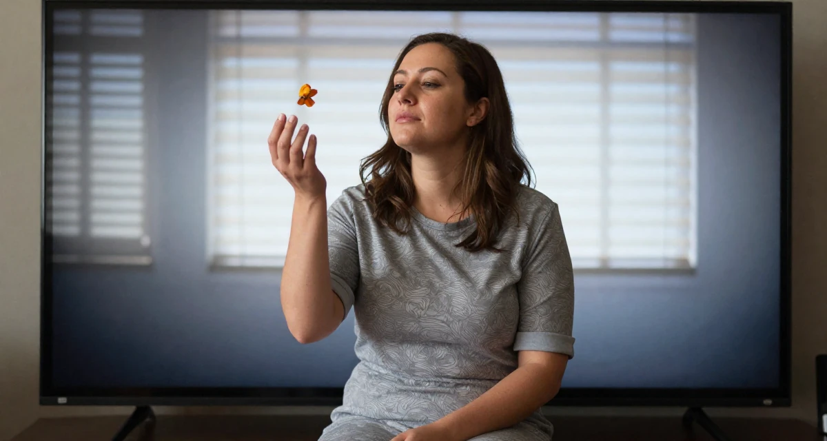 A tranquil Female From Australia, based in Gold Coast, graduated from a media academy majoring in sensual creative direction in their 33, documenting a weight loss and health journey, wearing a t-shirt dress with the sleeves rolled up, catching a falling flower petal in a tv set.