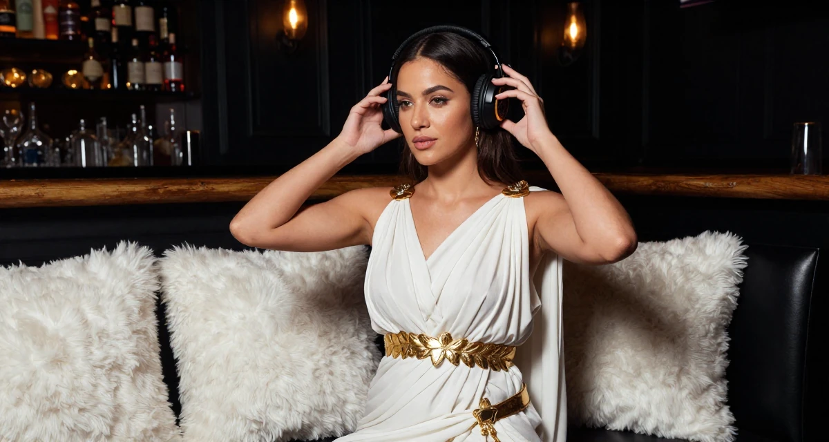 A composed Female Former university dropout at 22, now thriving as a digital expression artist in their 24, reinvesting earnings in better lighting and props, wearing a greek goddess toga with gold leaf accessories, adjusting headphones in a dimly lit jazz bar.