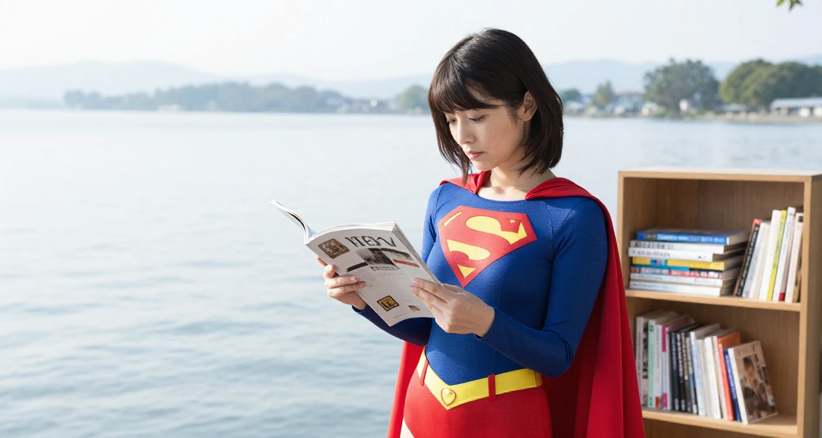 A fearless Female From Japan, based in Fukuoka, graduated from a media college majoring in soft-glam creative production in their 27, dealing with the pressure of peers getting married, wearing a superheroine spandex suit with a cape, flipping through a magazine in a serene lakeside dock.