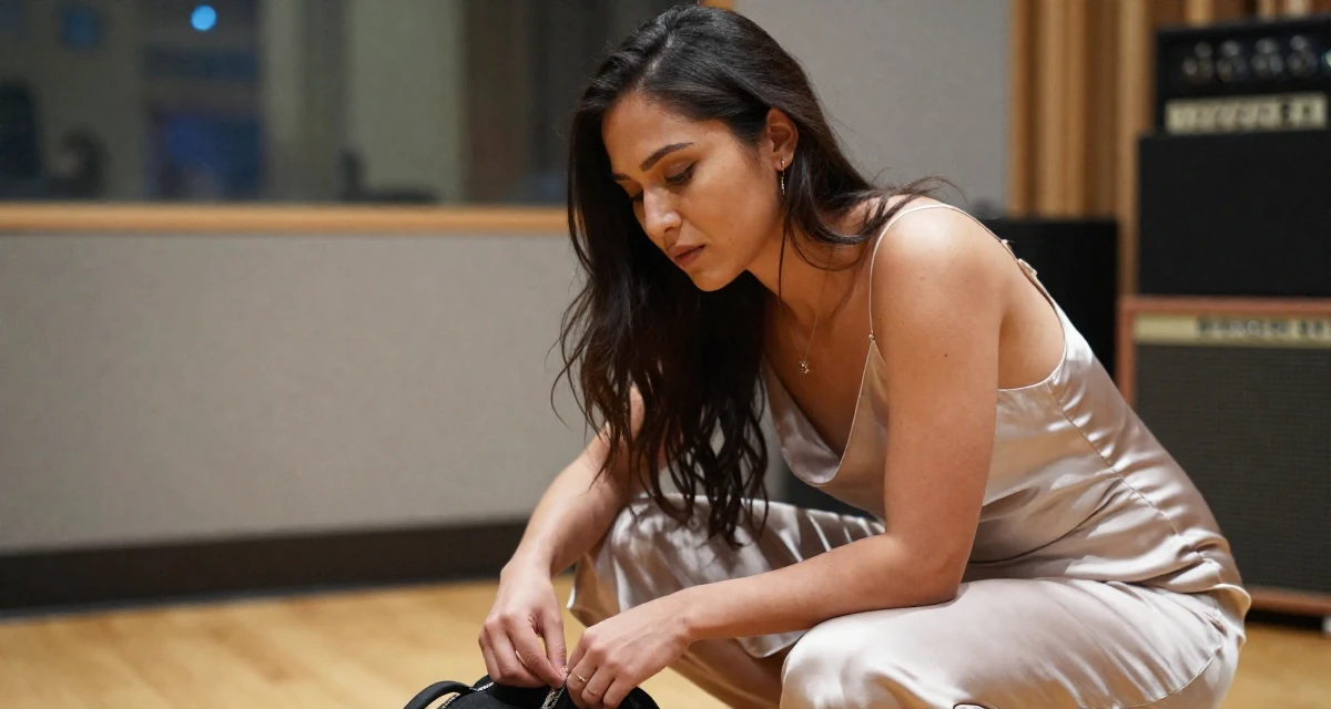 A distracted Female From USA, studied political science in DC in their 27, recovering from hustle culture fatigue, wearing a silk slip dress in a soft neutral tone, zipping up a bag in a music recording studio.