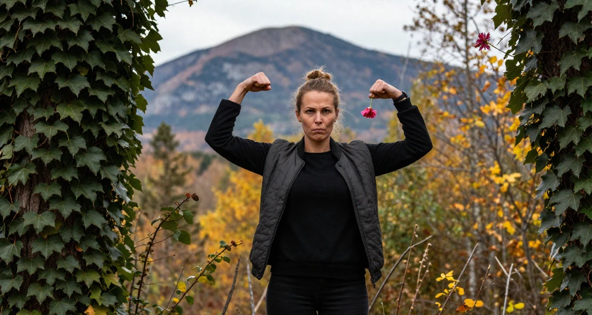 A intense Female From Finland, majored in educational psychology in their 39, advocating for mental health awareness, wearing a modern casual lifestyle wear, holding a single flower in a autumn forest.