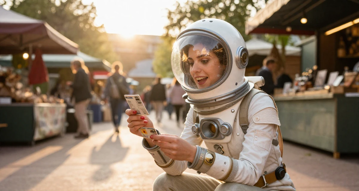 A enthusiastic Female From Belgium, based in Ghent, graduated from a business school majoring in international marketing in their 24, curating a specific high-end lifestyle, wearing a retro sci-fi space girl outfit with a bubble helmet, holding a subway card in a zoo pathway.