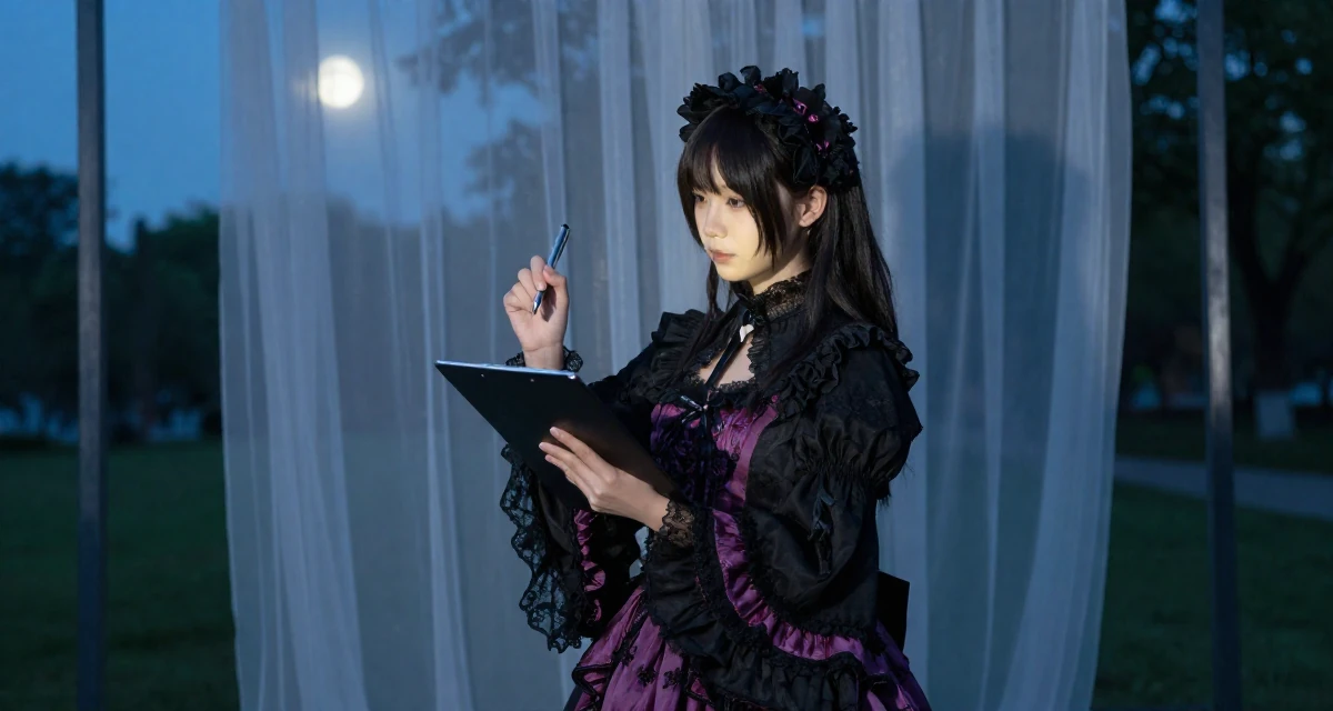 A glowing Female From Chongqing China, holds a degree in psychology in their 33, expert in productivity and time management, wearing a elaborate gothic lolita dress with frills and lace, holding a pen poised to write in a quiet park.