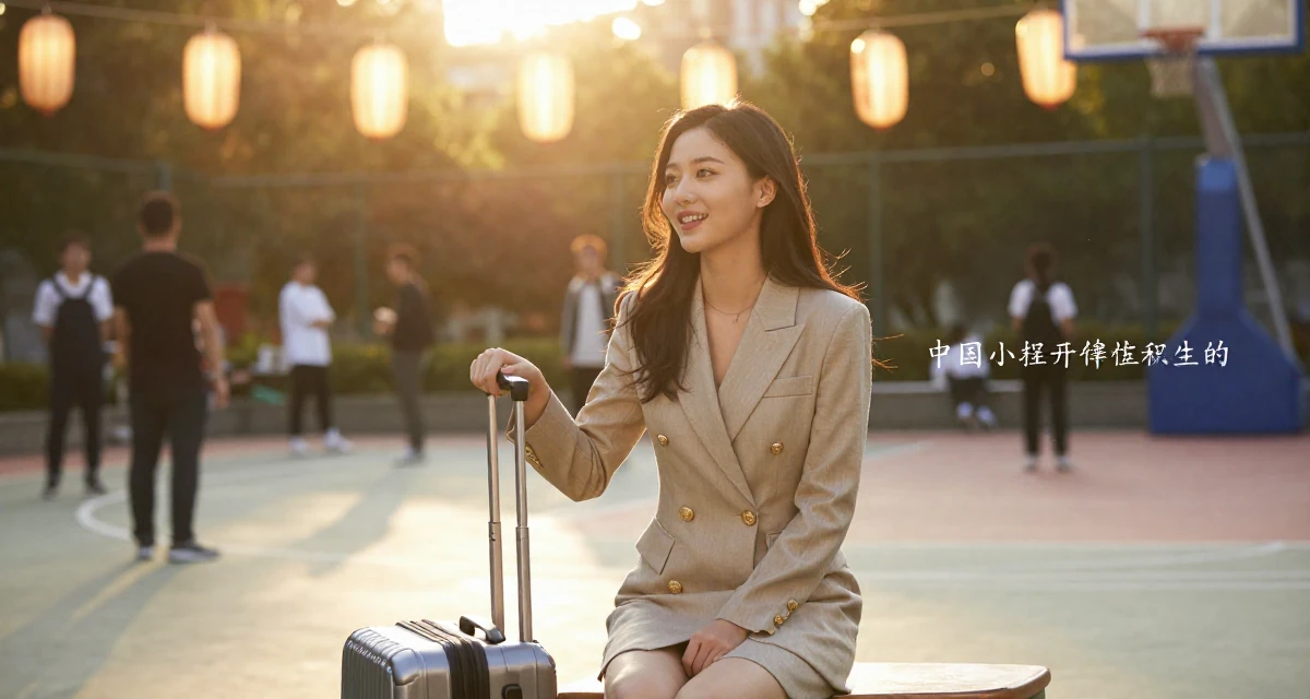 A cheerful Female From China, studied computer graphics in their 22, facing judgment from people who don’t understand creator life, wearing a double-breasted blazer dress with gold buttons, pulling a suitcase in a basketball court.