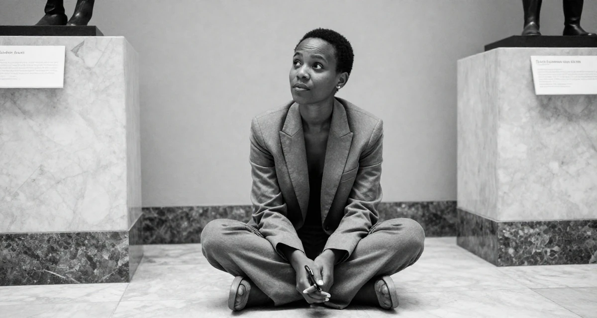 A relaxed and observant Female From South Africa, majored in development studies in their 32, sharing easy DIY home improvement projects, wearing a relaxed fit suit separate, holding a pen in a museum exhibit.