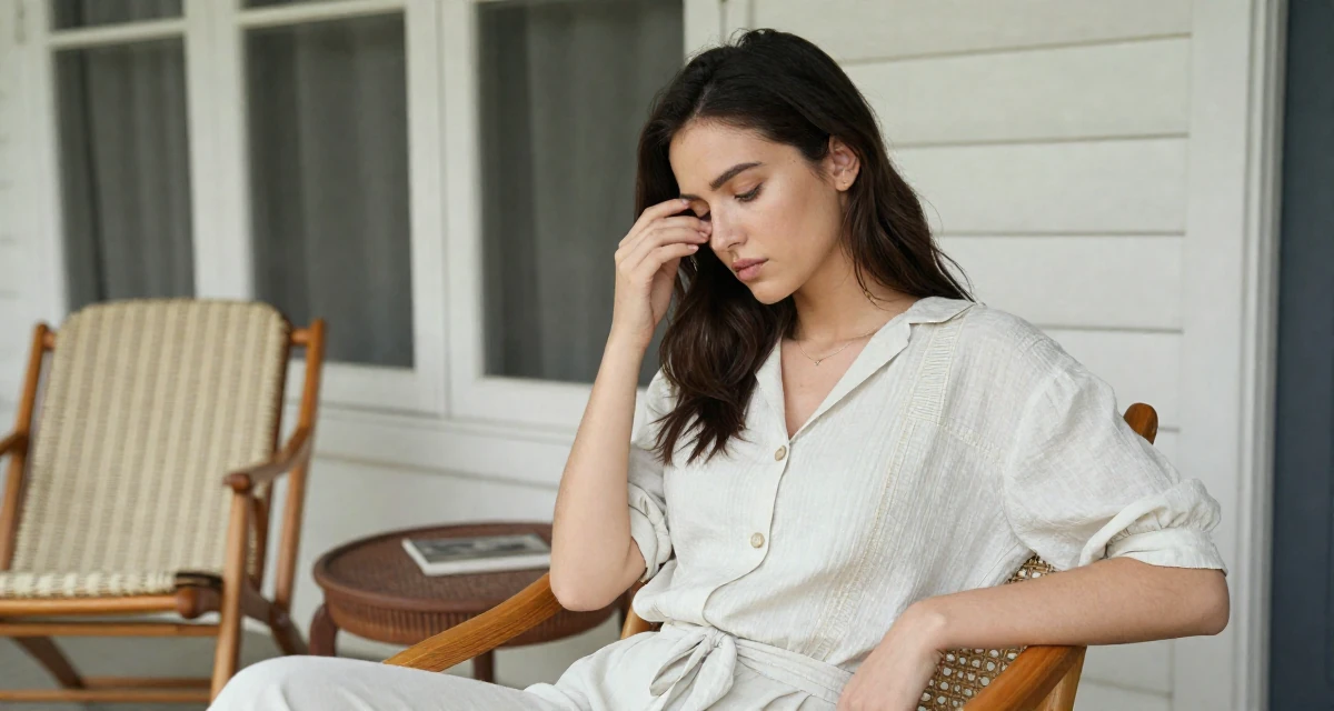 A indifferent Female From USA, dropped out of art school to pursue modeling in their 23, learning to set boundaries with bosses, wearing a light and airy spring attire, rubbing eyes in a front porch.