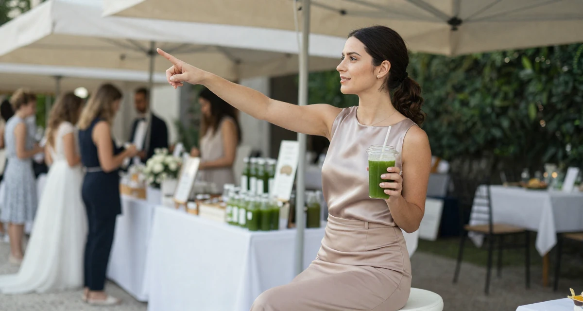 A charming Female From Italy, majored in law in their 24, wearing activewear and holding a green juice, wearing a sleeveless silk top and a high-waisted skirt, pointing at something distant in a wedding venue.