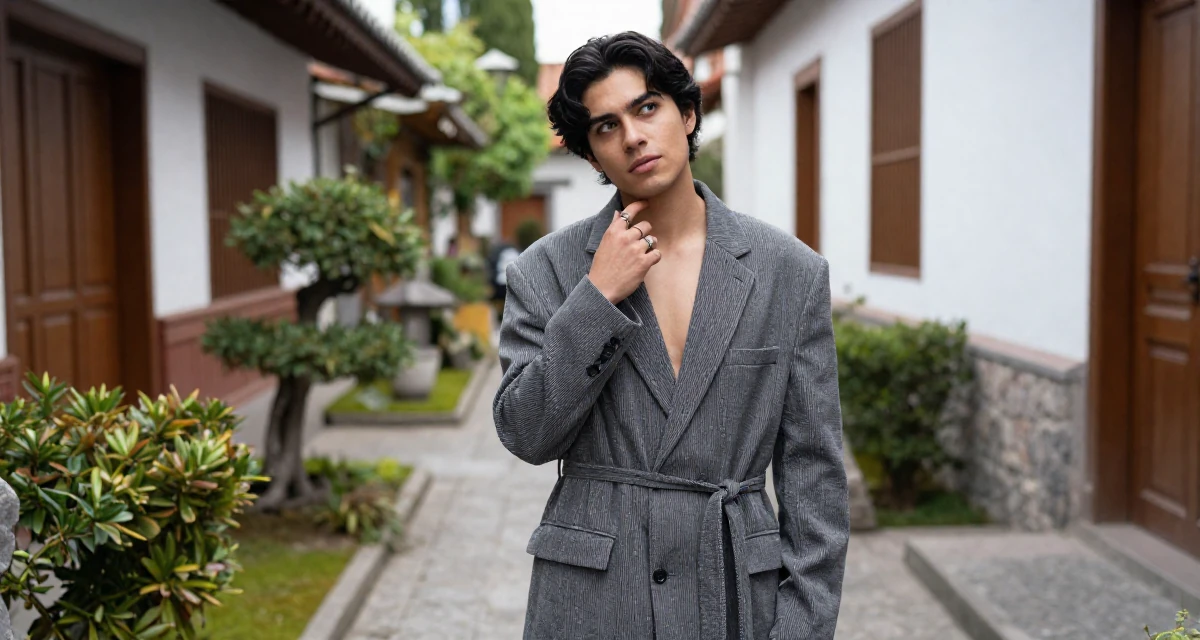 A bewitching male From Peru, based in Arequipa, graduated from a local university majoring in business communication in their 25, crafting a cute–seductive persona while studying full-time, wearing a oversized blazer worn as a dress with a belt, playing with a ring in a neon-lit alleyway.