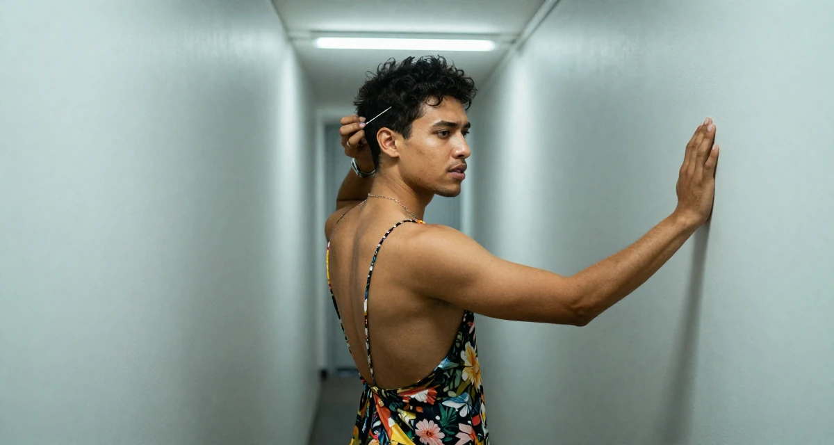 A emotionally moved male From the Netherlands, based in Utrecht, graduated from a creative academy majoring in UX design in their 44, building a legacy for the next generation, wearing a backless summer sundress in a floral print, adjusting a hairpin in a narrow hallway.