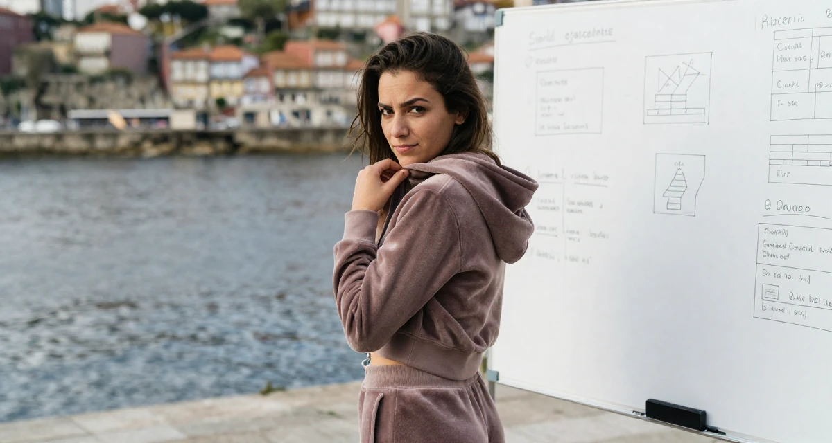 A mischievous Female From Porto Portugal, studied event management in their 22, trying to scale content while keeping privacy safe, wearing a velour tracksuit with a cropped zip-up hoodie, adjusting a collar in a serene lakeside dock.